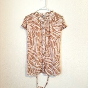 Worthington Blouse Women’s 1X White Tan Animal Print Short Sleeve Casual Top
